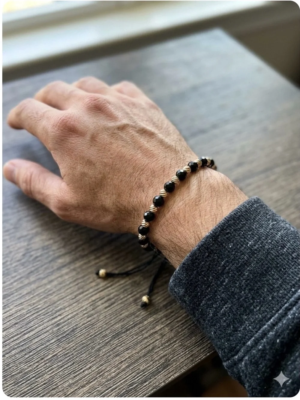 18K Gold Plated Beaded Adjustable Black and Gold Men's Bracelet. New